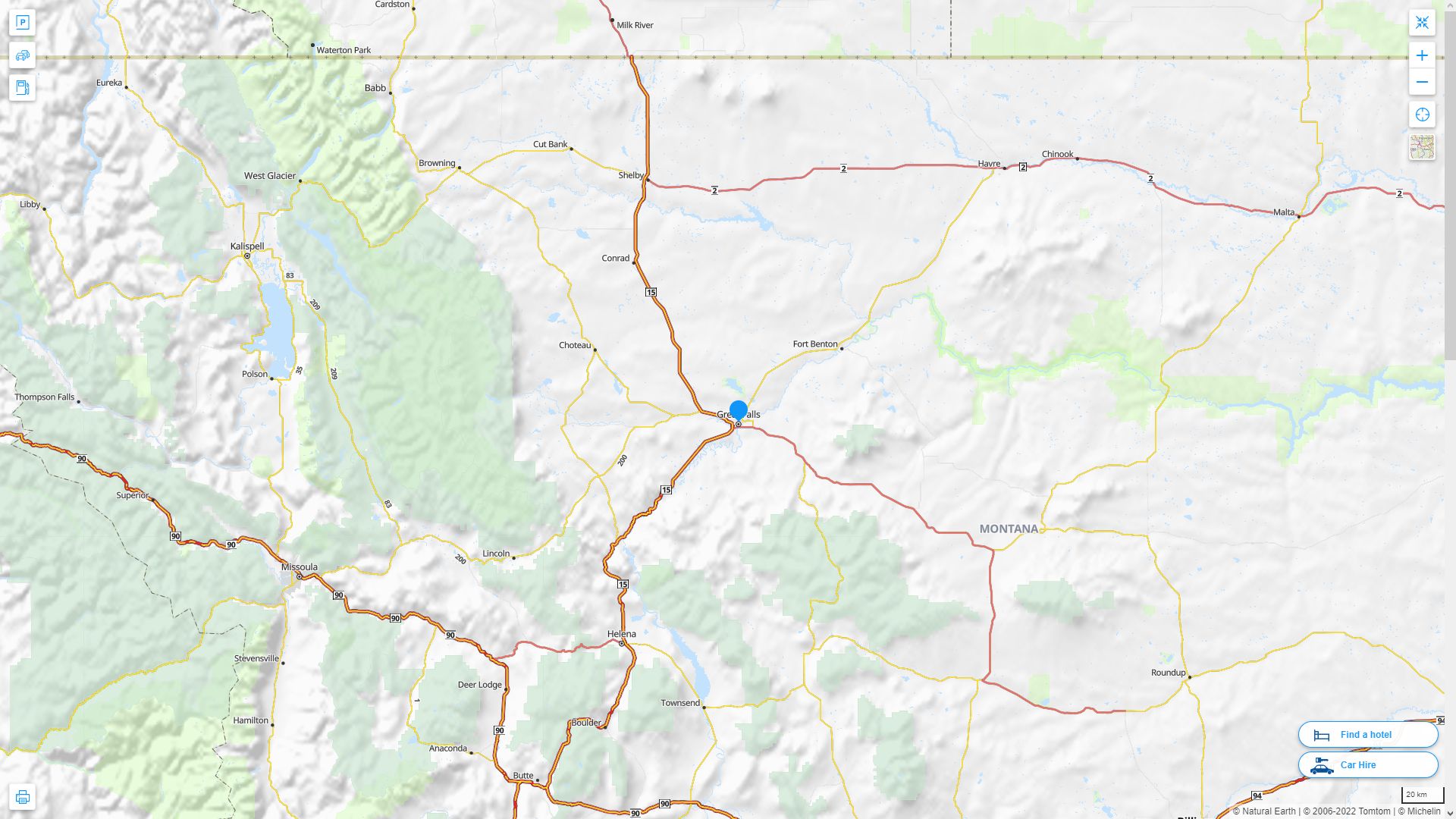Great Falls Montana Highway and Road Map
